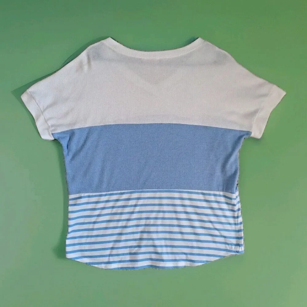 Pink Lily Summer Blouse Small S Blue White Striped Coastal Vacation Top Cute